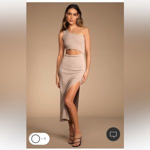 NWT Spice Things Up Taupe Ribbed One-Shoulder Cutout Midi Dress Lulus Size S